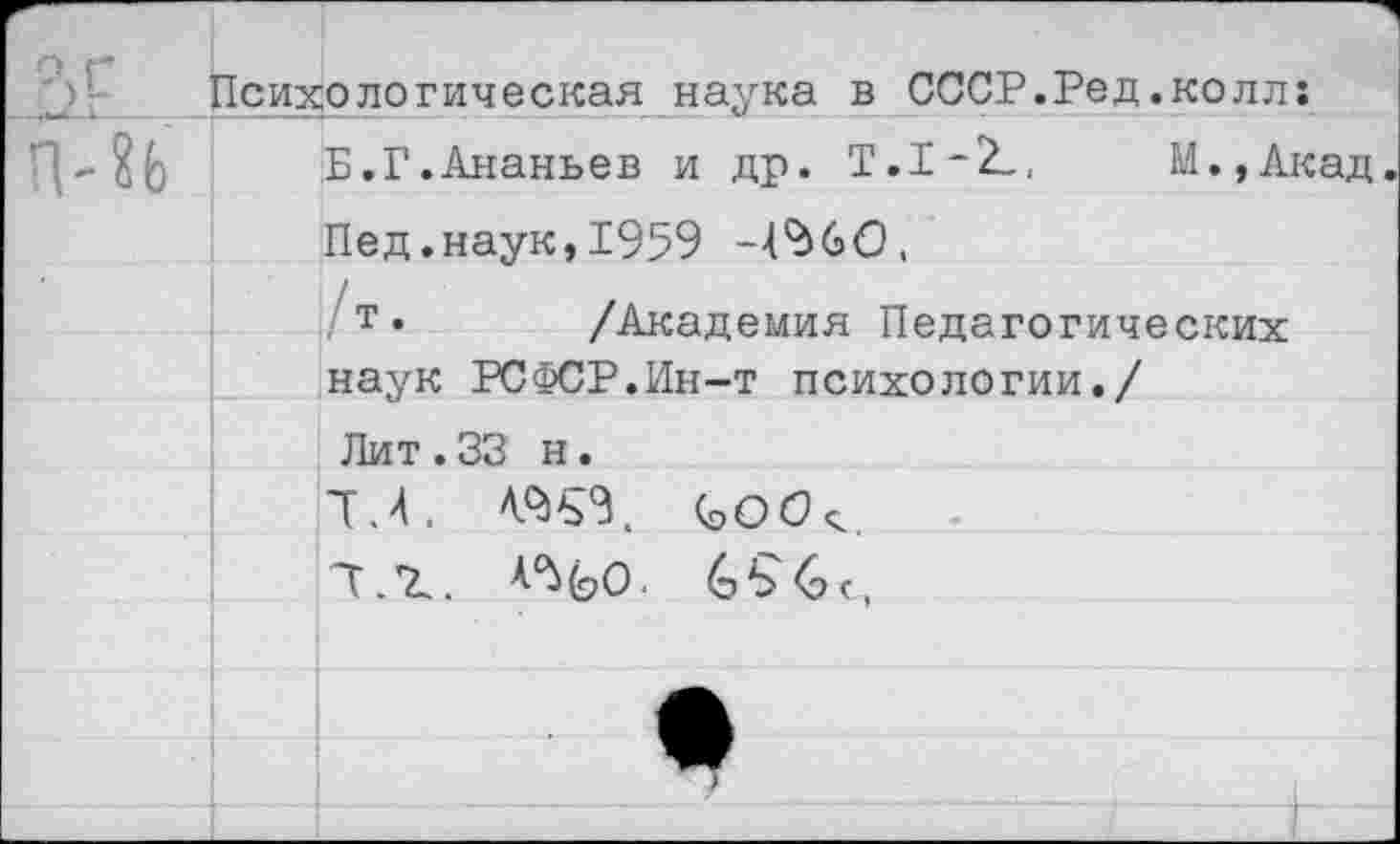 ﻿Психологическая наука в СССР.Ред.колл:
Б.Г.Ананьев и др.	М.,Акад
Пед.наук,1959 -4^60,
т. /Академия Педагогических наук РСФСР.Ин-т психологии./
Лит.33 н.
7.4.
7.7.. №(дО-